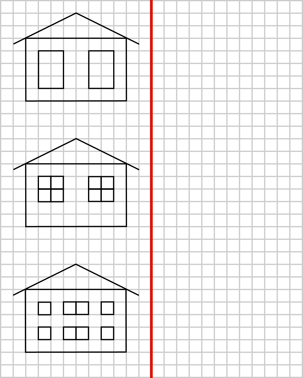 ZADANIE 3. Po prawej stronie narysuj takie same domki.