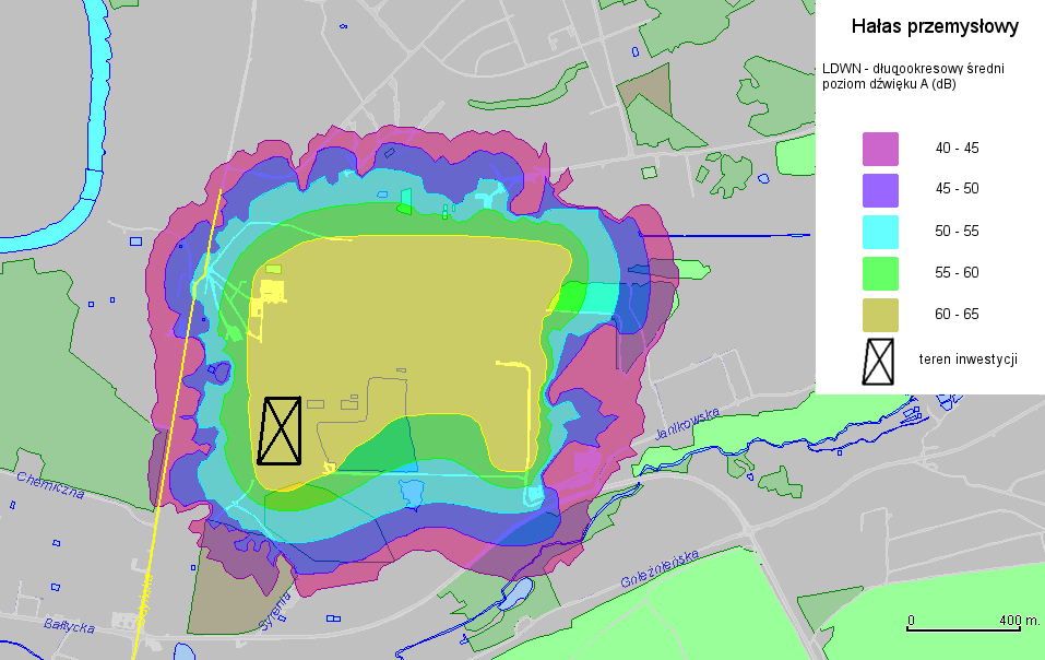 Źródło: www.city.poznan.pl/mapa_geopoz/ Rysunek 10.6 Poziom hałasu przemysłowego w okolicach EC Karolin pora nocna.