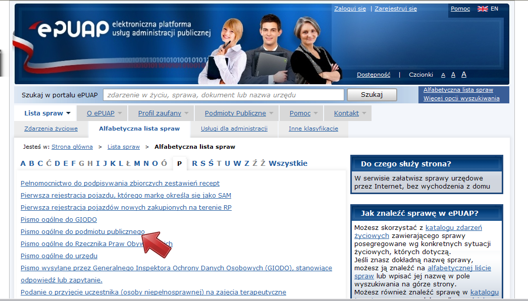 2. Odnaleźć interesującą nas usługę na stronie głównej platformy epuap przez zakładkę Lista spraw lub