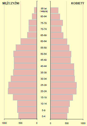 Kolejnym elementem analizy ludnościowej jest piramida demograficzna obrazująca rozkład liczby ludności w poszczególnych grupach wiekowych (w przedziałach 5-letnich), w podziale na mężczyzn i kobiety.