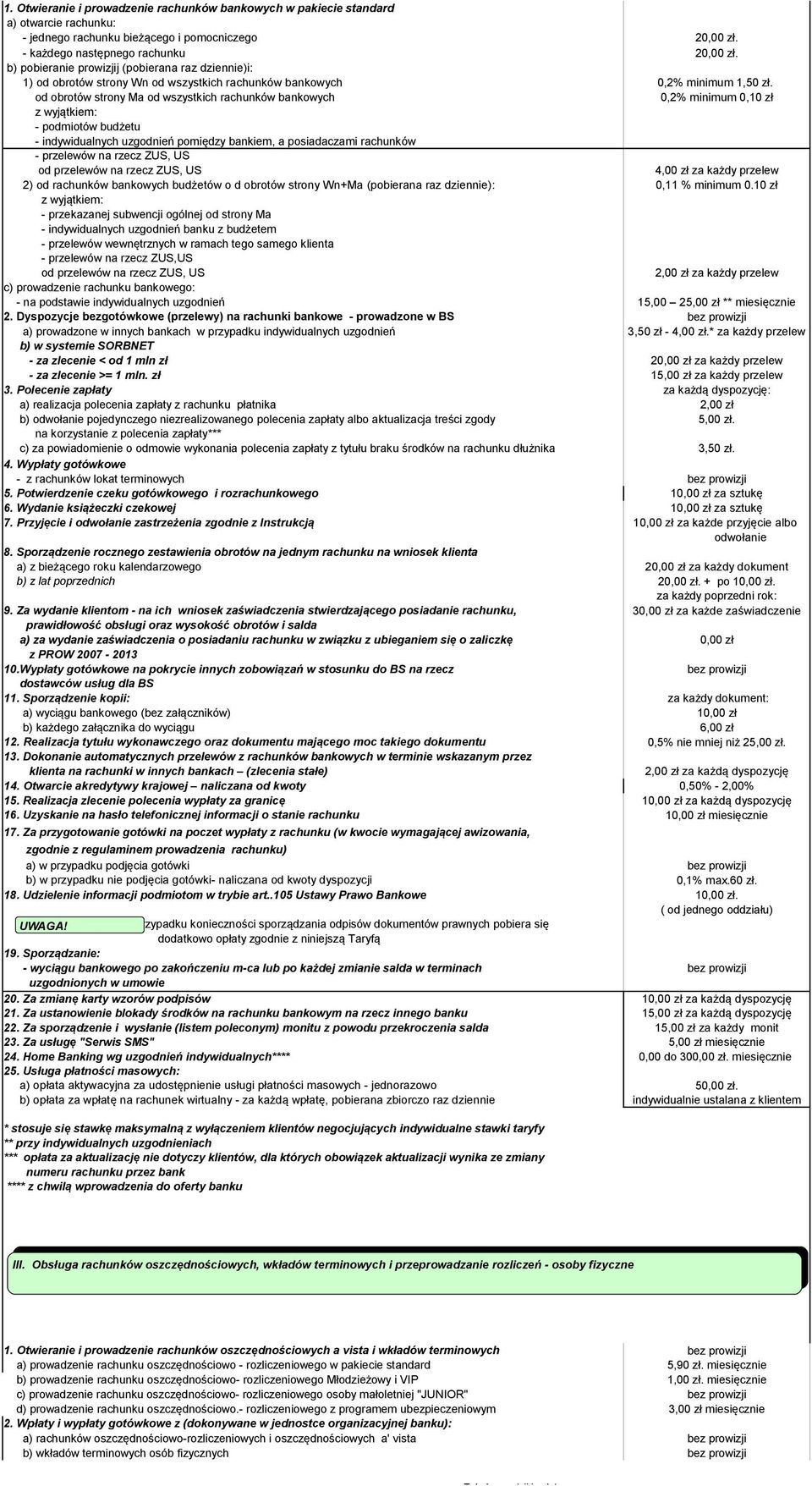 od obrotów strony Ma od wszystkich rachunków bankowych 0,2% minimum 0,10 zł z wyjątkiem: - podmiotów budżetu - indywidualnych uzgodnień pomiędzy bankiem, a posiadaczami rachunków - przelewów na rzecz