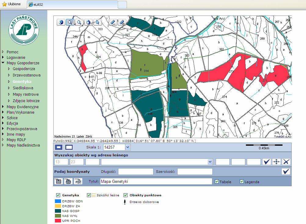 Ćwiczenie 2c - mapy gospodarcze ( mapa genetyki) Zapoznajemy się z zawartością tematyczną mapy genetyki, podobnie jak w ćwiczeniu 2a wyszukujemy informację tabelaryczną na temat powierzchni ogółem