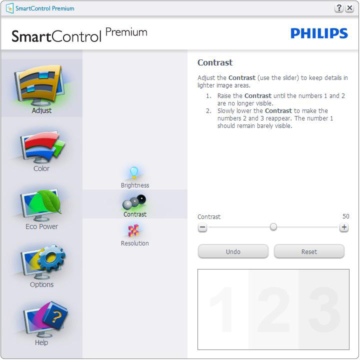 3. Optymalizacja obrazu Uruchomienie w oknie Standard (Standardowe) Menu Adjust (Dostosuj) Menu Dostosuj umożliwia dopasowanie, takich ustawień jak Brightness (Jasność), Contrast