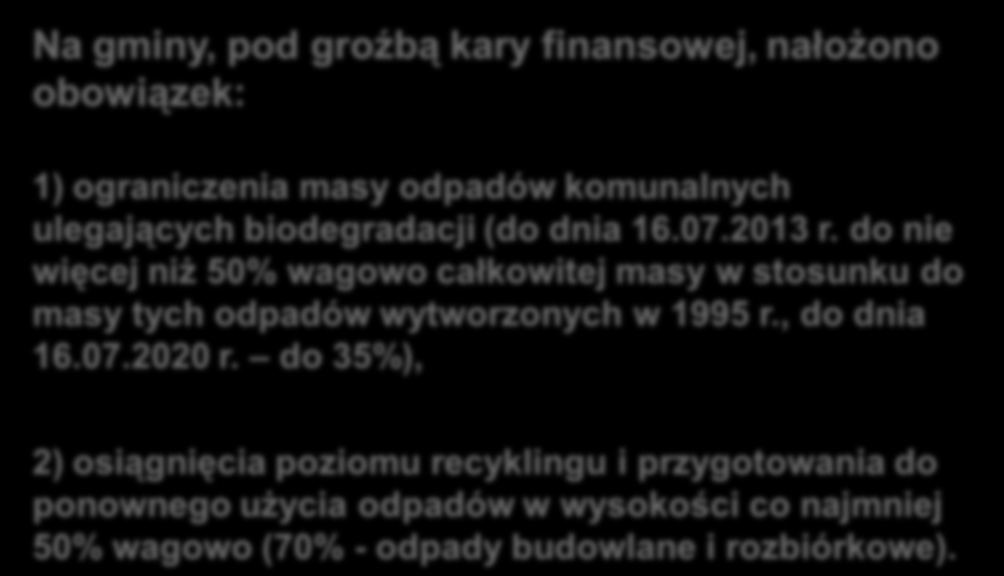 Gmina jest właścicielem odpadów komunalnych Na gminy, pod groźbą kary finansowej, nałożono obowiązek: 1) ograniczenia masy odpadów komunalnych ulegających biodegradacji (do dnia 16.07.2013 r.