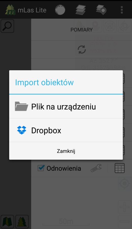 nim pomiary do warstw pomiarowych. Eksport pomiarów polega na zapisaniu pomiarów w pliku.zip na urządzeniu.