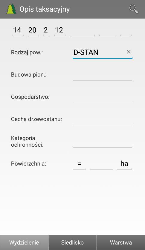 Przykładowo: w oknie Opis taksacyjny w zakładce wydzielenie, z dostępnego