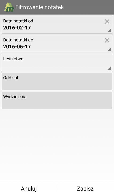 Klikając w ustawienia Listy notatek, można zarządzać listą. Notatki na liście można przefiltrować, posortować oraz zapisać do pliku.