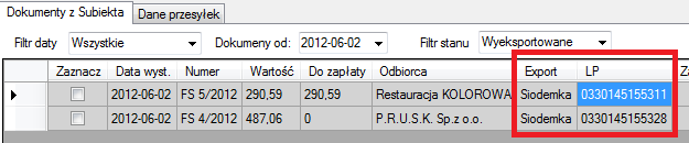 Ilustracja 15: Eksport zaznaczonych dokumentów Po wyeksportowaniu danych zostaje nadany numer listu przewozowego (przez API kuriera), numer ten wyświetlany będzie w kolumnie LP a kolor pozycji zmieni