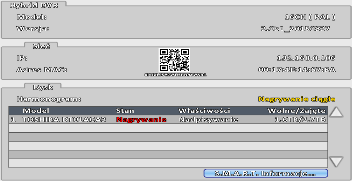 W oknie tym znajduje się kod QR który jest wymagany do działania funkcji P2P. W aplikacjach CMS oraz iwatchdvr należy wpisać WIELKIMI LITERAMI kod literowo-cyfrowy.