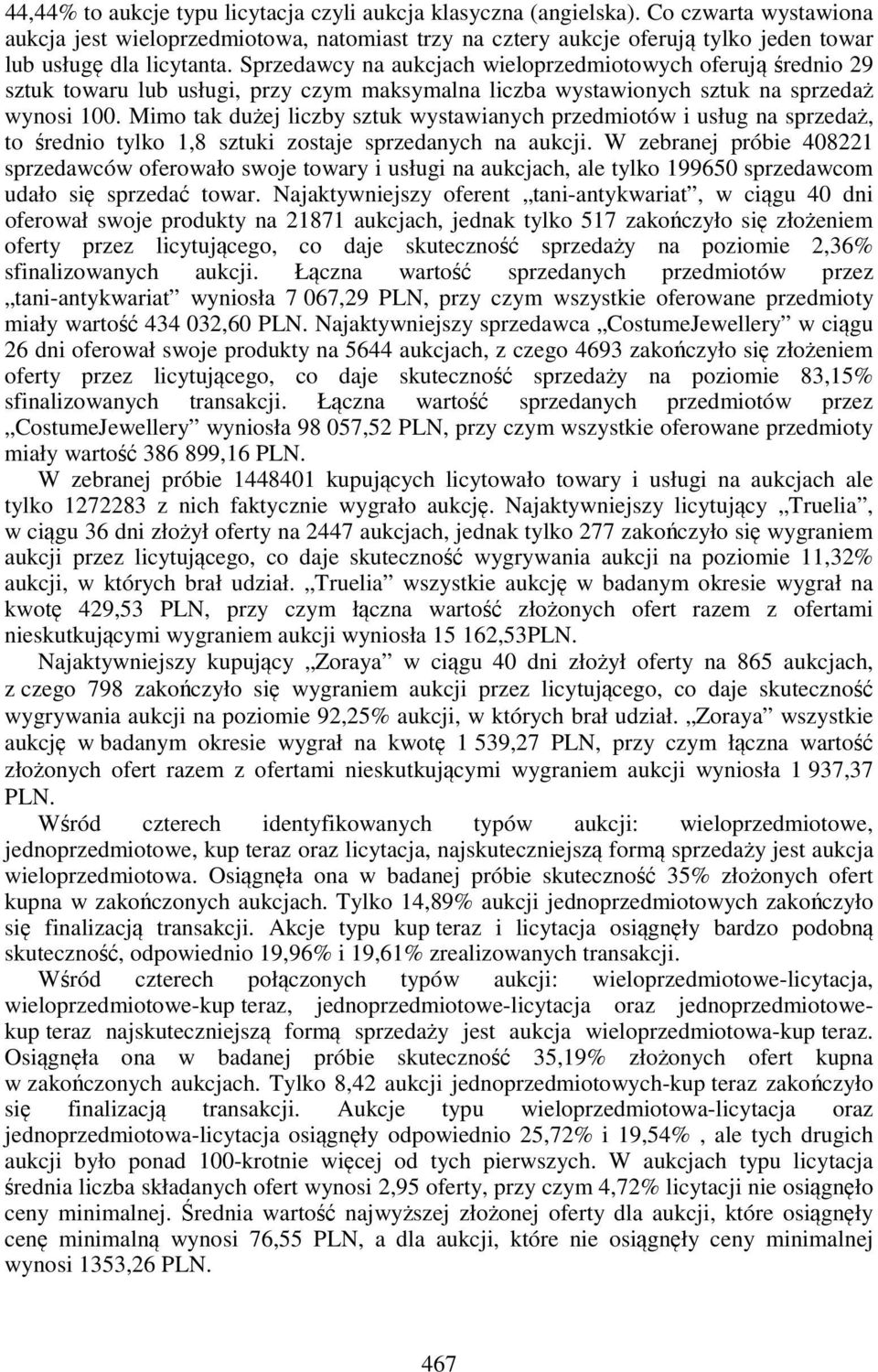 Sprzedawcy na aukcjach wieloprzedmiotowych oferują średnio 29 sztuk towaru lub usługi, przy czym maksymalna liczba wystawionych sztuk na sprzedaż wynosi 100.