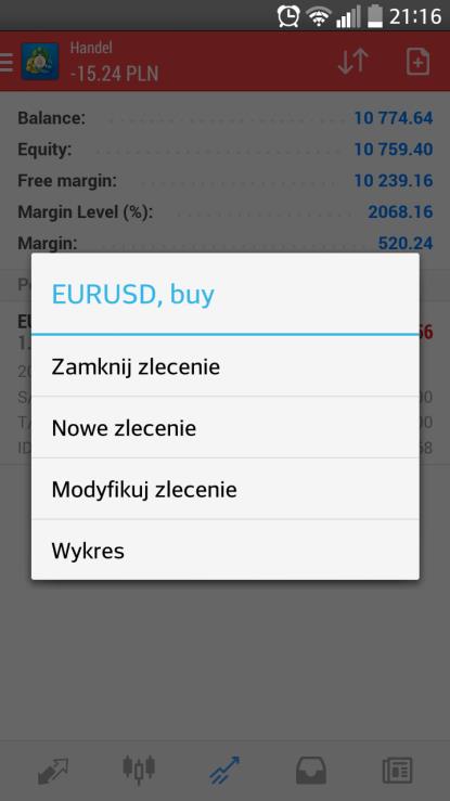 ikonki dolara) oraz rodzaj zlecenia. Wielkość realizowanego zlecenia możemy zmieniać o 0.01 lota lub 0.1 lota za pomocą przycisków znajdujących się po bokach wielkości pozycji. Rys.