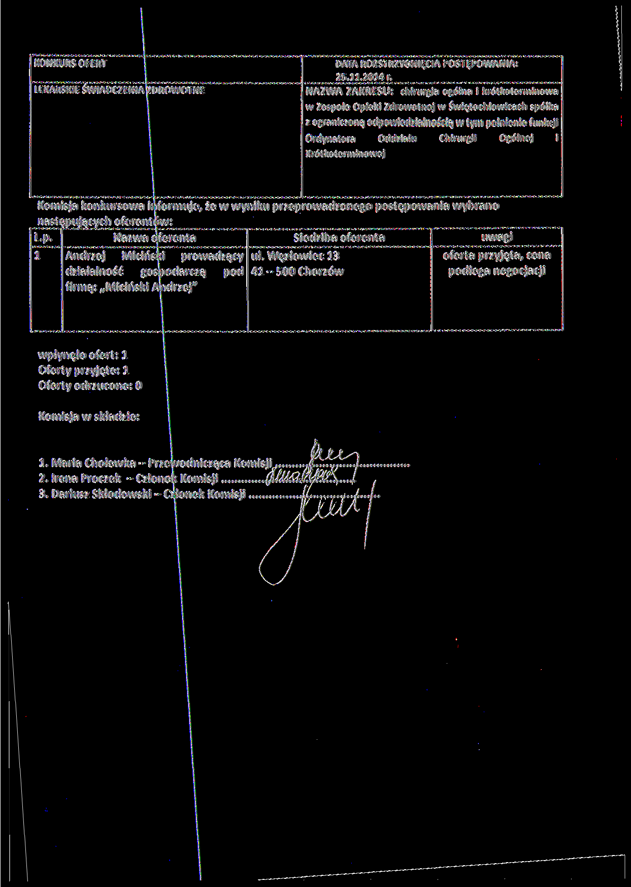 LEKARSKIE ŚWIADCZENIA DROWOTNE NAZWA ZAKRESU: chirurgia ogólna i krótkoterminowa w Zespole Opieki Zdrowotnej w Świętochłowicach spółka z ograniczoną odpowiedzialnością w tym pełnienie funkcji