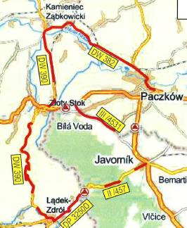 Odcinki: DW 382: Kamieniec Ząbkowicki Paczków (ok. 15 km) DW nr 390: Kamieniec Ząbkowicki - Złoty Stok - Lądek (ok.