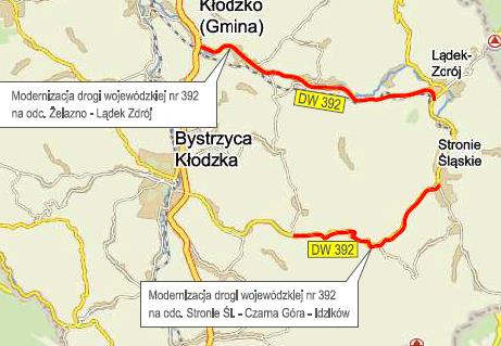 Odcinki: DW 392 Żelazno-Lądek Zdrój (15,4 km), Stronie Śląskie-Czarna Góra (5,4 km), Czarna Góra - Idzików (6,3km) Planowany termin realizacji (roboty budowlane): koniec 2015-2017 Szacunkowa wartość: