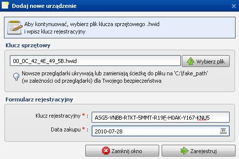 Ekran 15: Rejestracja licencji RadioOS Wpisz klucz rejestracyjny i wybierz datę zakupu licencji.