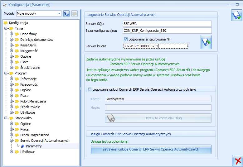 Rys 3. Konfiguracja Serwisu Operacji Automatycznych Po zaznaczeniu Logowanie usługi Serwis Operacji Automatycznych należy: podać nazwę i hasło użytkownika systemu operacyjnego.