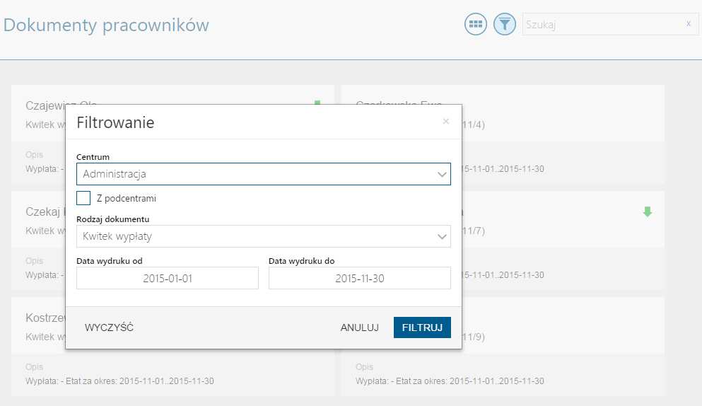 Rys. Lista dokumentów podwładnych pracowników widok listy Po przełączeniu się na widok w układzie listy pojawi się kolumna w której wyświetlana jest data pobrania dokumentu przez pracownika