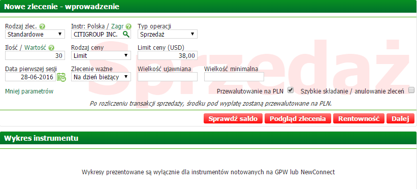 Zlecenie SPRZEDAŻY W momencie składania zlecenia sprzedaży na instrumenty typu akcja, obligacja lub ETF, w walutach zdefiniowanych przez DM, możliwe będzie wybranie dodatkowej opcji Przewalutowanie