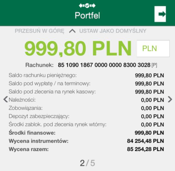 Na ekranie Portfel po wybraniu waluty PLN prezentowana jest dodatkowa informacja Środki zablokowane pod zlecenia rynek wtórny, a w przypadku posiadania subrachunku walutowego także Środki