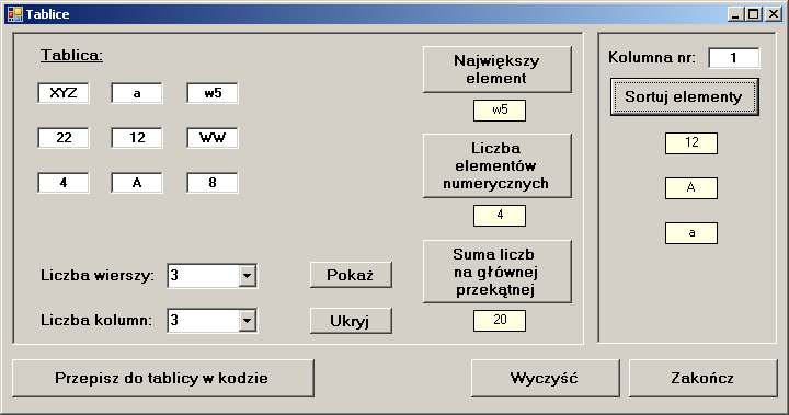 Visual Basic: Tablice, sortowanie, r. ak.