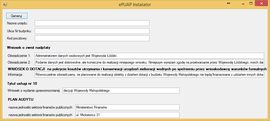 W odpowiednich polach należy wprowadzić właściwe dane urzędu, które zostaną przeniesione do generowanych plików formularzy epuap oraz fragmenty oświadczeń, informacji i nagłówków dla wybranych