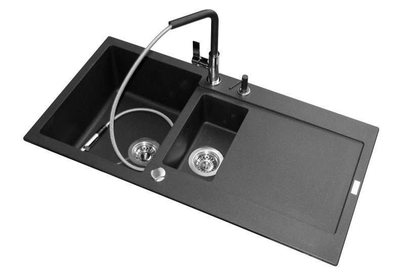 szafki 80cm, korek automatyczny 3,5", zestaw odpływowy z syfonem w komplecie, material: Fragranit z powłoką antybakteryjną, wymiary zewnętrzne 800x520mm, 2 komory o wymiarach 345x390x204mm; -