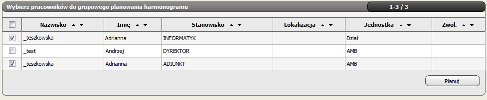Planowanie grupowe Wybieramy z lewego menu: Zarządzanie czasem pracy -> Harmonogramy -> Planowanie -> Grupowe