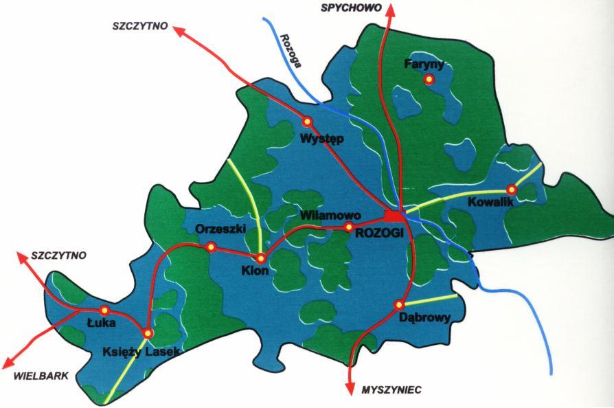 powierzchni zbiorników wodnych, płaska rzeźba terenu, znaczny udział lasów w ogólnej powierzchni gminy przyczyniają się do niewielkiego złagodzenia surowych cech klimatu. Mapa 2.
