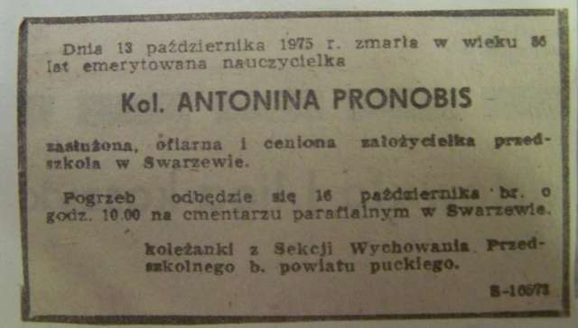 Antonina Pronobis zmarła 13.10.1975 roku w wieku 86 lat.