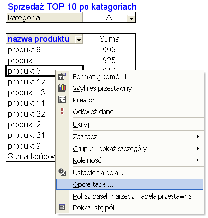 Tabele przestawne przy każdej zmianie ustawień formatują się same, więc aby nasze formatowanie nie zostało utracone przy pierwszej zmianie kategorii należy wyłączyć autoformatowanie.