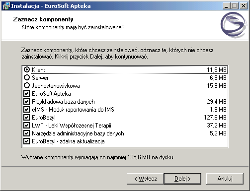 W kolejnym oknie należy zaznaczyć komponenty, które zostaną zainstalowane.