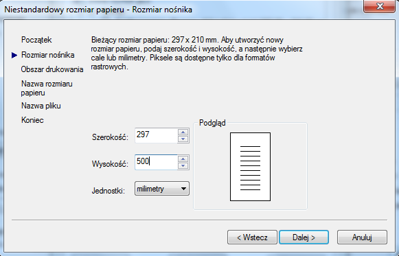 Jeżeli potrzebujemy papieru o niestandardowych rozmiarach klikamy Właściwości żeby ustawić swoje niestandardowe rozmiary papieru.