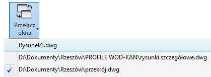 2.1.4 Przełącz okna Kolejnym sposobem na przechodzenie z jednego rysunku do drugiego jest poprzez wybór z zakładki Widok Przełącz okna, gdzie rozwinie się pasek z otwartmi rysunkami.