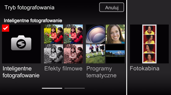 Korzystanie z różnych trybów Dotknij Dotknij trybu, który odpowiada obiektowi Tryb rejestracji obrazu Inteligentne fotografowanie Efekty
