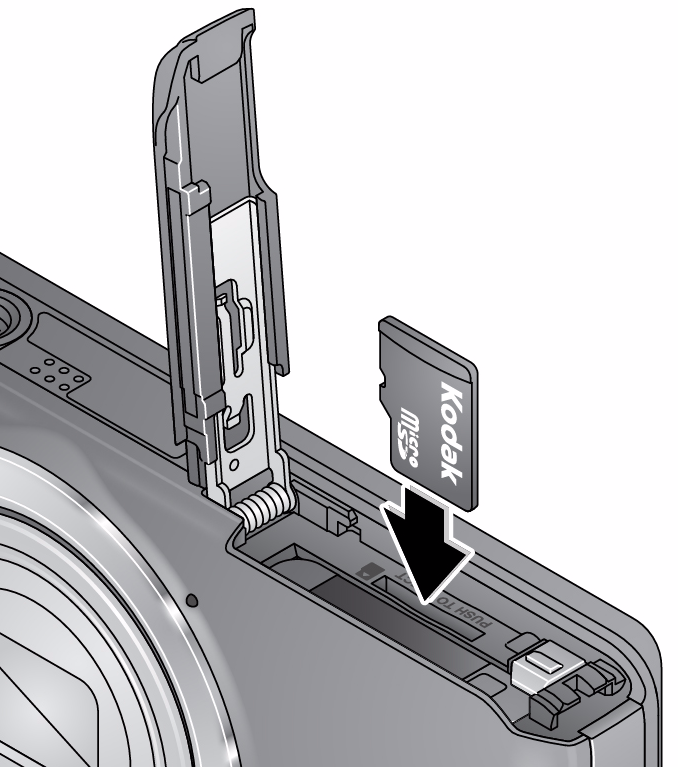 Korzystanie z dodatkowej karty pamięci MICROSD/SDHC Aparat jest wyposażony w pamięć wewnętrzną. Zalecamy zakup karty MICROSD/SDHC (klasy 4 lub wyższej).