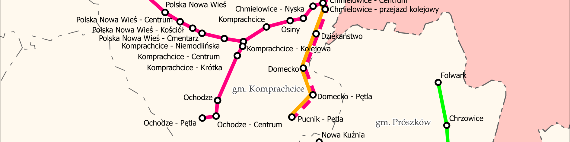 Rys. 4.2.1.1. Schemat podmiejskich linii MZK Sp. z o.o. oraz ZGKiM Prószków Sp.