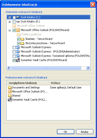 20 Konfigurowanie programu Enterprise Vault Konfigurowanie narzędzia Windows Search Skarbiec wirtualny Vault Cache 3 Na liście Zmienianie wybranych lokalizacji upewnij się, że jest zaznaczony wpis