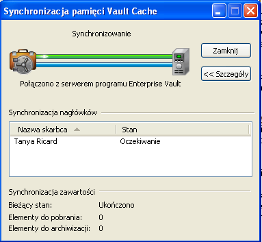 36 Zarządzanie archiwizacją w programie Enterprise Vault Synchronizowanie pamięci Vault Cache Program Enterprise Vault automatycznie określa, które elementy należy pobrać do pamięci Vault Cache.