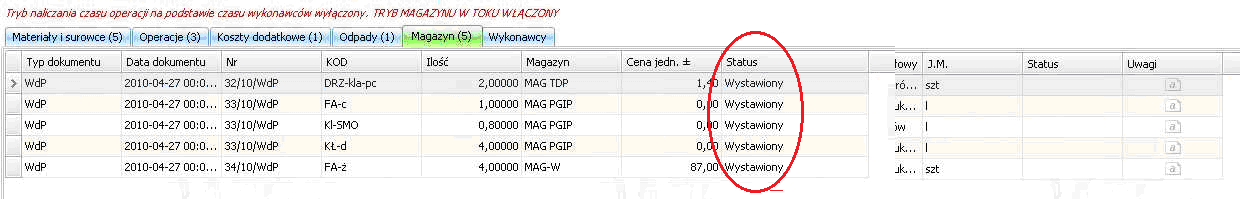 Rysunek 6-40: Zaktualizowana lista dokumentów Uwaga! Aby pobrać surowce z magazynu należy mieć nadane uprawnienie do pobierania (patrz - Konfiguracja zestawów praw ZL-Pobranie.