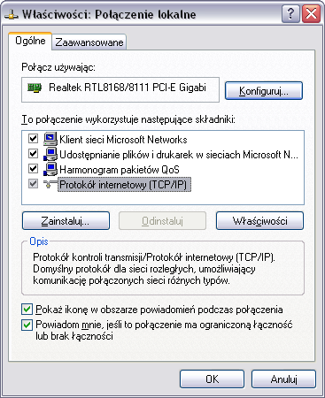 Adres IP ustawiamy we właściwościach naszego '' Połączenia sieciowego '', wybierając