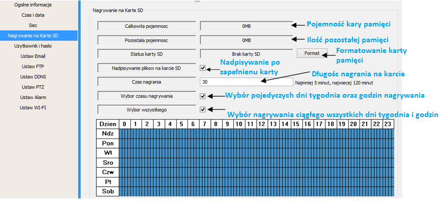 IX. USTAWIENIA KARTY PAMIĘCI I NAZWY UŻYTKOWNIKA Nagrywanie na kartę pamięci Po włożeniu karty pamięci microsd do kamery należy ją sformatować używając przycisku ->[FORMAT].