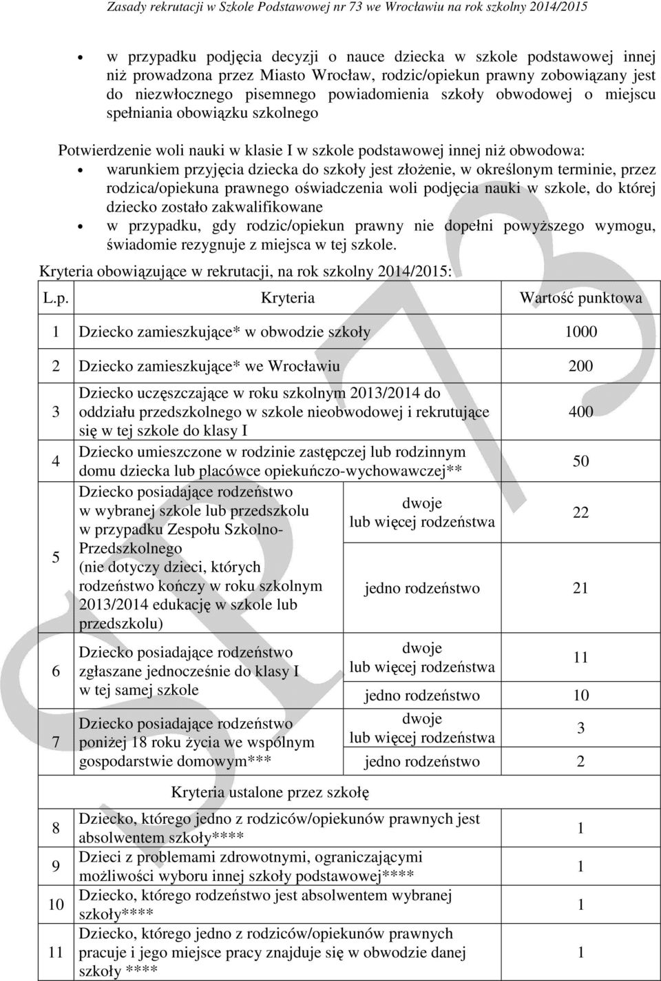 innej niż obwodowa: warunkiem przyjęcia dziecka do szkoły jest złożenie, w określonym terminie, przez rodzica/opiekuna prawnego oświadczenia woli podjęcia nauki w szkole, do której dziecko zostało