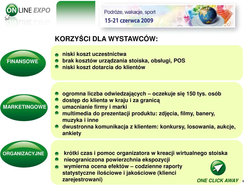 osób dostęp do klienta w kraju i za granicą umacnianie firmy i marki multimedia do prezentacji produktu: zdjęcia, filmy, banery, muzyka i inne dwustronna