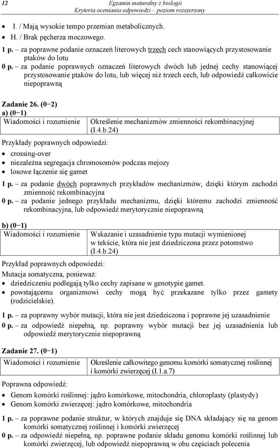 za podanie poprawnych oznaczeń literowych dwóch lub jednej cechy stanowiącej przystosowanie ptaków do lotu, lub więcej niż trzech cech, lub odpowiedź całkowicie niepoprawną Zadanie 26.