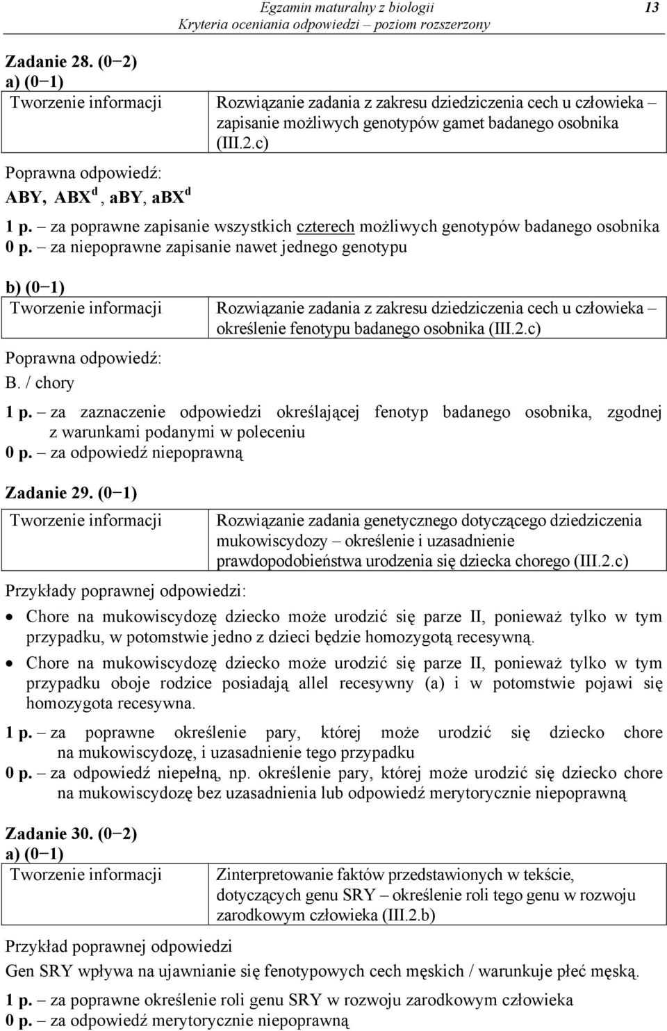 za niepoprawne zapisanie nawet jednego genotypu Rozwiązanie zadania z zakresu dziedziczenia cech u człowieka określenie fenotypu badanego osobnika (III.2.c) B. / chory 1 p.