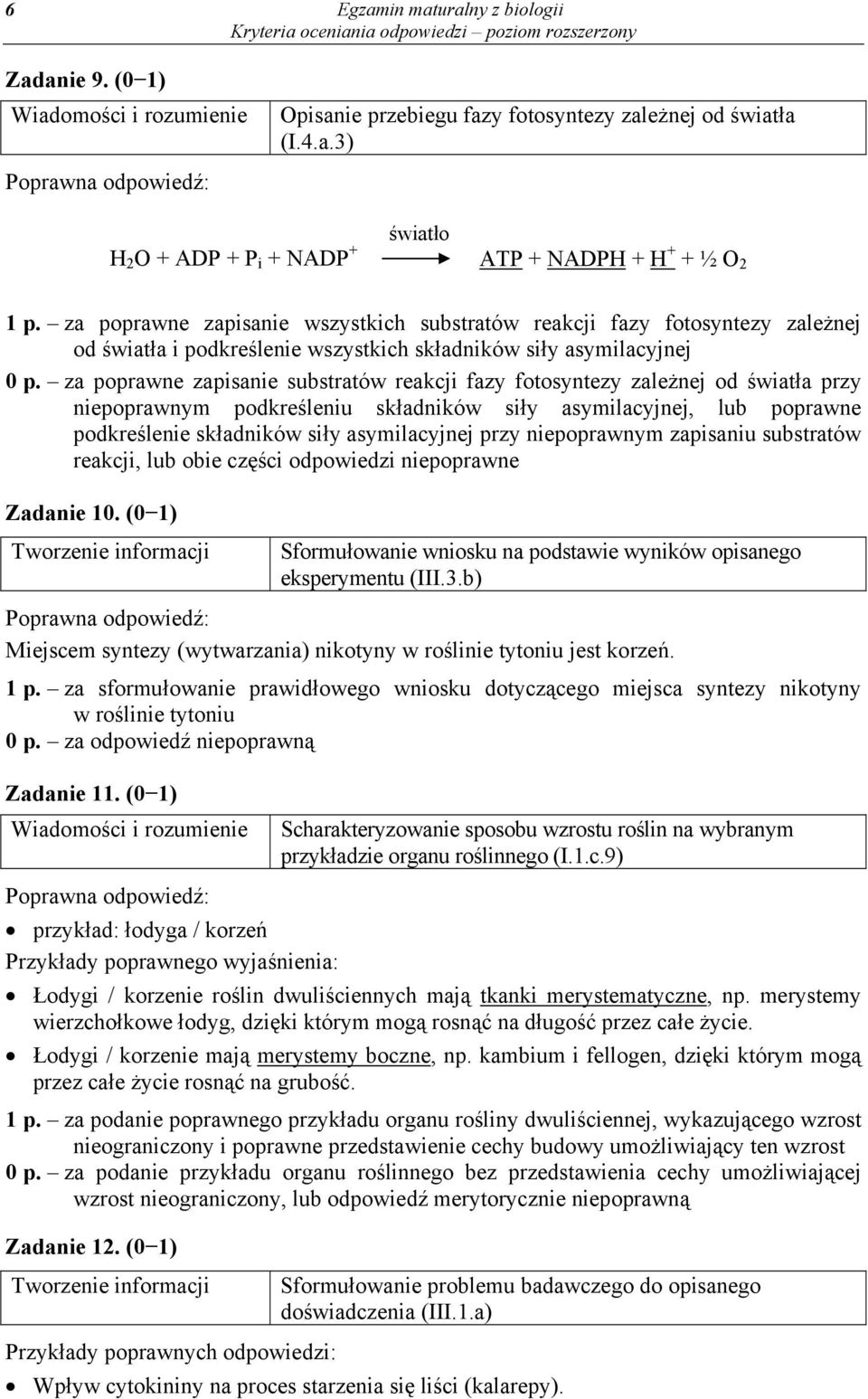 za poprawne zapisanie substratów reakcji fazy fotosyntezy zależnej od światła przy niepoprawnym podkreśleniu składników siły asymilacyjnej, lub poprawne podkreślenie składników siły asymilacyjnej