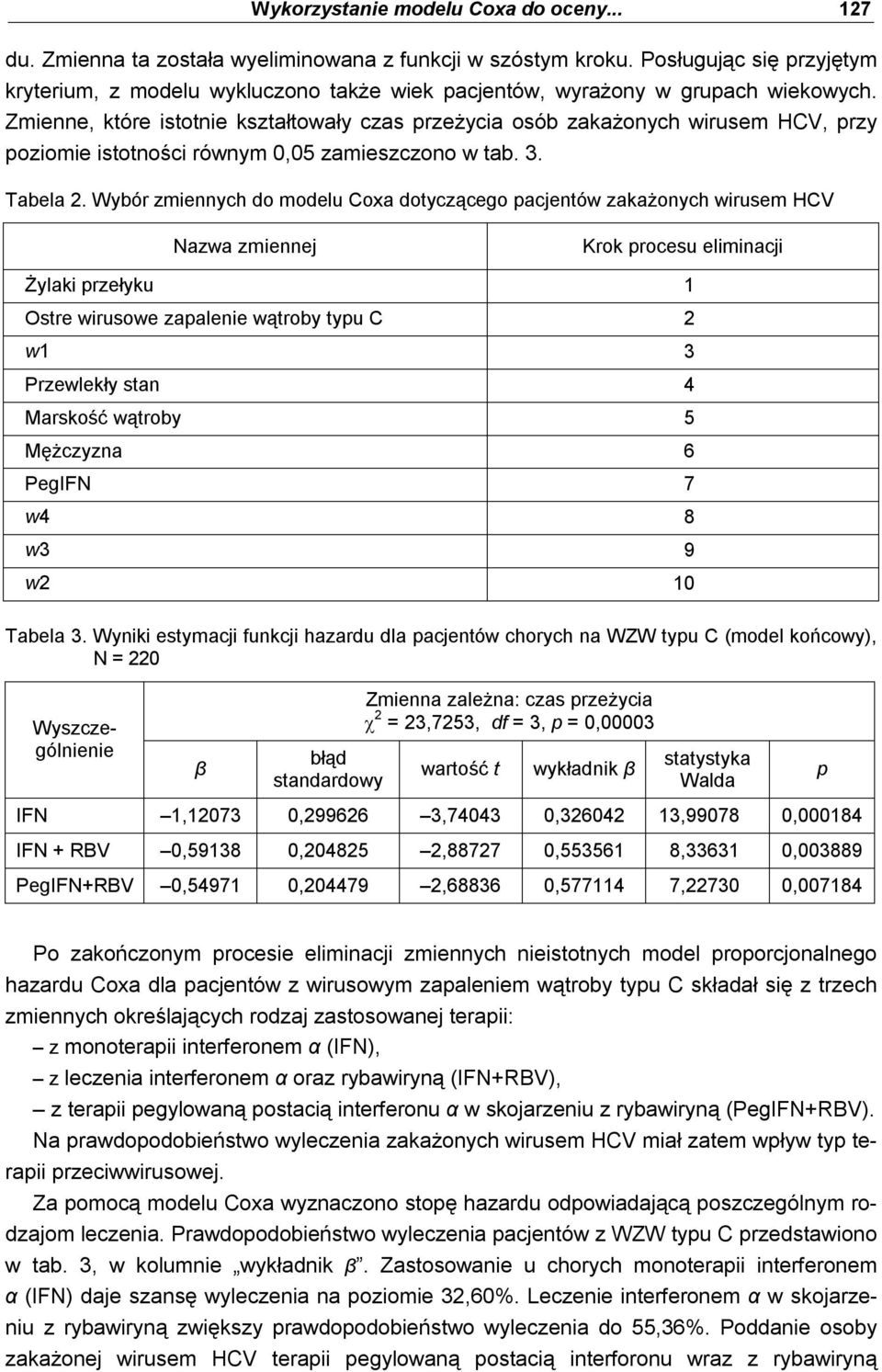 Zmienne, które istotnie kształtowały czas przeżycia osób zakażonych wirusem HCV, przy poziomie istotności równym 0,05 zamieszczono w tab. 3. Tabela 2.