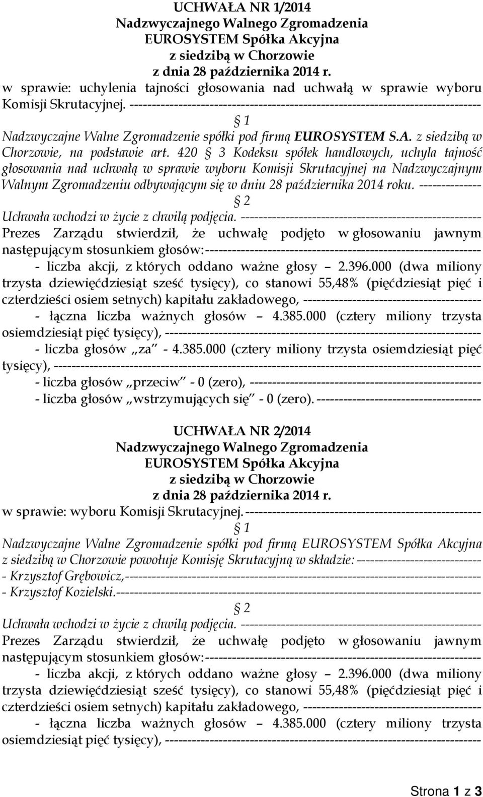 420 3 Kodeksu spółek handlowych, uchyla tajność głosowania nad uchwałą w sprawie wyboru Komisji Skrutacyjnej na Nadzwyczajnym Walnym Zgromadzeniu odbywającym się w dniu 28 października 2014 roku.