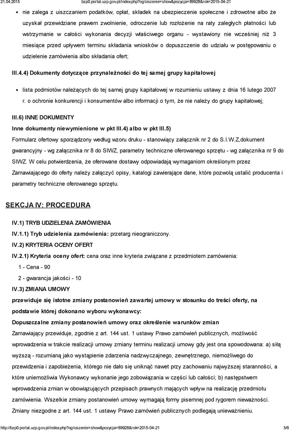 zamówienia albo składania ofert; III.4.