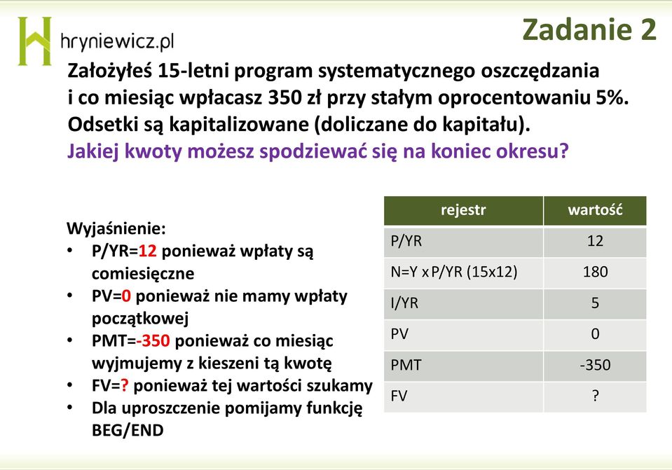 Wyjaśnienie: P/YR=12 ponieważ wpłaty są comiesięczne PV=0 ponieważ nie mamy wpłaty początkowej PMT=-350 ponieważ co miesiąc